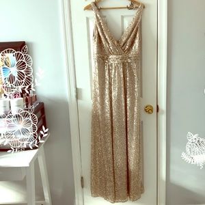 Gold sequin v-neck dress with satin piping